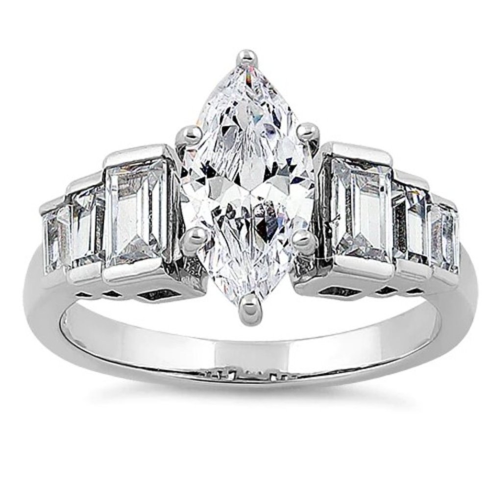 925 STERLING SILVER Marquise & Baguette Cubic Zirconia Ring - Picture 15 of 16